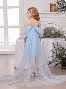 Tween Girls Spaghetti Strap Trailing Mesh Sequin Dress, Princess Gown Suitable For Easter, Birthday Gift, Party, Banquet, Flower Girl, Bridesmaid, Prom, Festival Celebration Outfit - Baby Blue - View 2