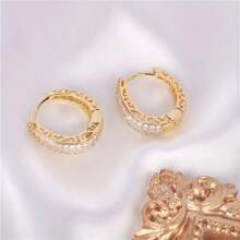 1 Pair READKISS Women Elegant 18K Gold Plated Hoop Earrings, Inlaid With Micro Pave Synthetic Cubic Zirconia - Sparkling Bridal And Fashion Jewelry, Suitable For Weddings, Parties And Casual Wear
