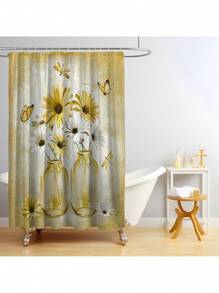 1 件/4 件农舍花卉浴帘套装，质朴的蓝绿色绿松石雏菊浴帘，配有配套浴帘、防滑浴垫、马桶座套和浴垫，使用 C 形挂钩轻松安装，浴室装饰