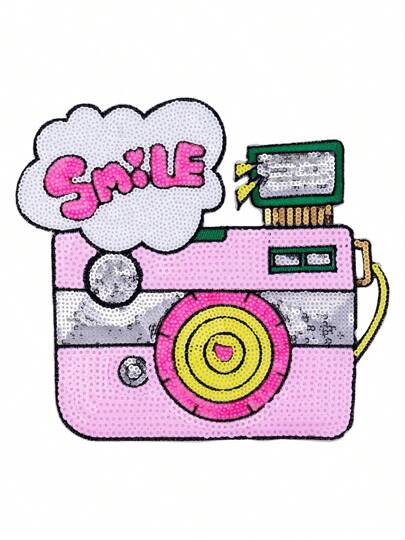 1个粉色亮片相机图案，笑脸云朵熨烫贴片，带来好心情，个性化DIY服装配饰，刺绣缝纫熨烫贴花装饰贴片，徽章，适用于衣服、鞋子、包包，夏季，学校