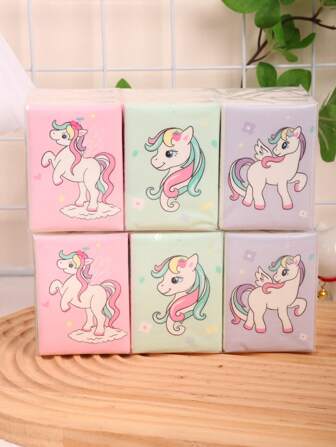 可爱熊印花白色餐巾纸，迷你便携式可爱手帕纸巾 9 包，彩虹小马图案包装