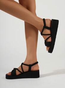 女士厚底凉鞋，坡跟，系带打结简约时尚，年轻交叉后带，叠层鞋跟，轻便，度假风格，街头服饰，黑色沙滩一脚蹬鞋，夏季 - 黑色 - 查看 3