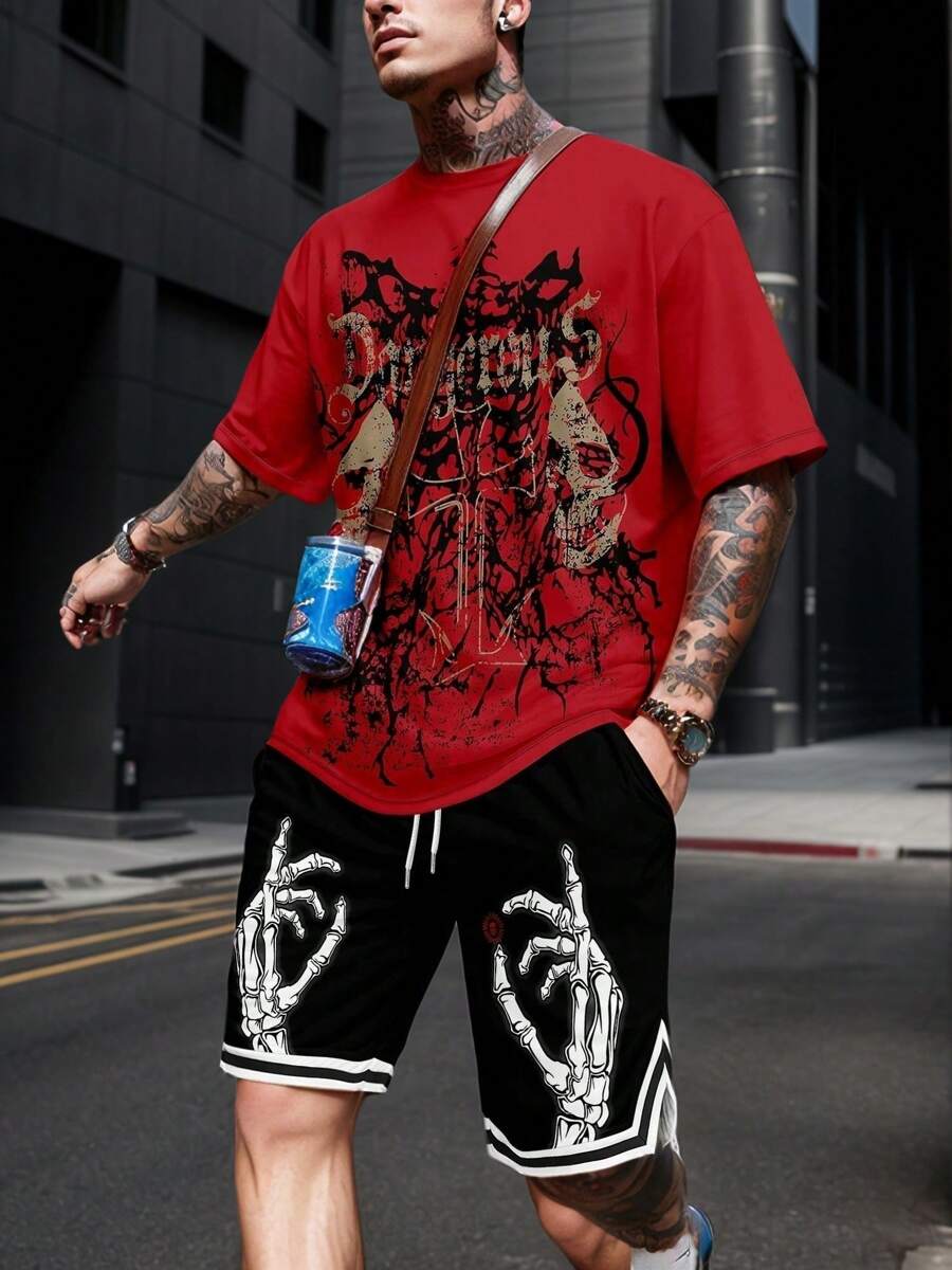 Conjunto de 2 piezas de camiseta de manga corta y shorts para hombre con estampado de letras y calavera