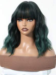 Dark Green Bob Wigs For Women Curly Wavy Wigs With Bangs Short Heat Resistant Synthetic Wigs For Party Costume Daily Wear Colorful Wigs