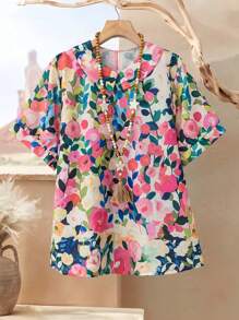 Camicetta con scollo a V con stampa floreale in poliestere per donna, con fessura, stampa all-over globale