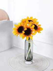 1 Bunch (5 Branches) 13 Inch(H) Simulation Sunflower Bouquet Home Living Room Bedroom Office Wedding Birthday Party Tabletop Decoration Hand Flower Shooting Props Gifts Graduation