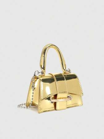 1 件女孩迷你纯色 PU 皮革斜挎包配金属链，休闲百搭小方形手提包适合女孩学生学校郊游