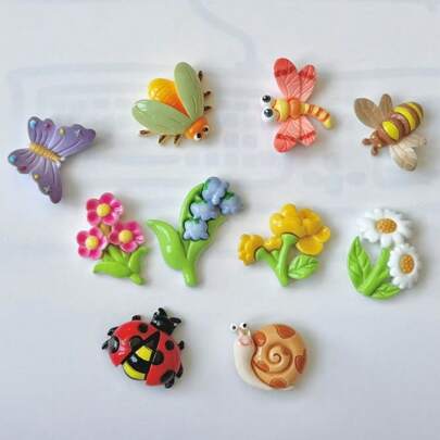 10 个自然花园主题磁性冰箱贴，昆虫和植物形状 - 适用于厨房、办公室等的鲜艳装饰，白板、橱柜、储物整理器装饰，适用于教室、家庭、厨房、办公室的可爱有趣磁铁，椭圆形 ABS 亚克力厨房装饰，个性化冰箱贴，适用于家庭、办公室、白板、储物柜、洗碗机、圣诞节、感恩节假期礼物