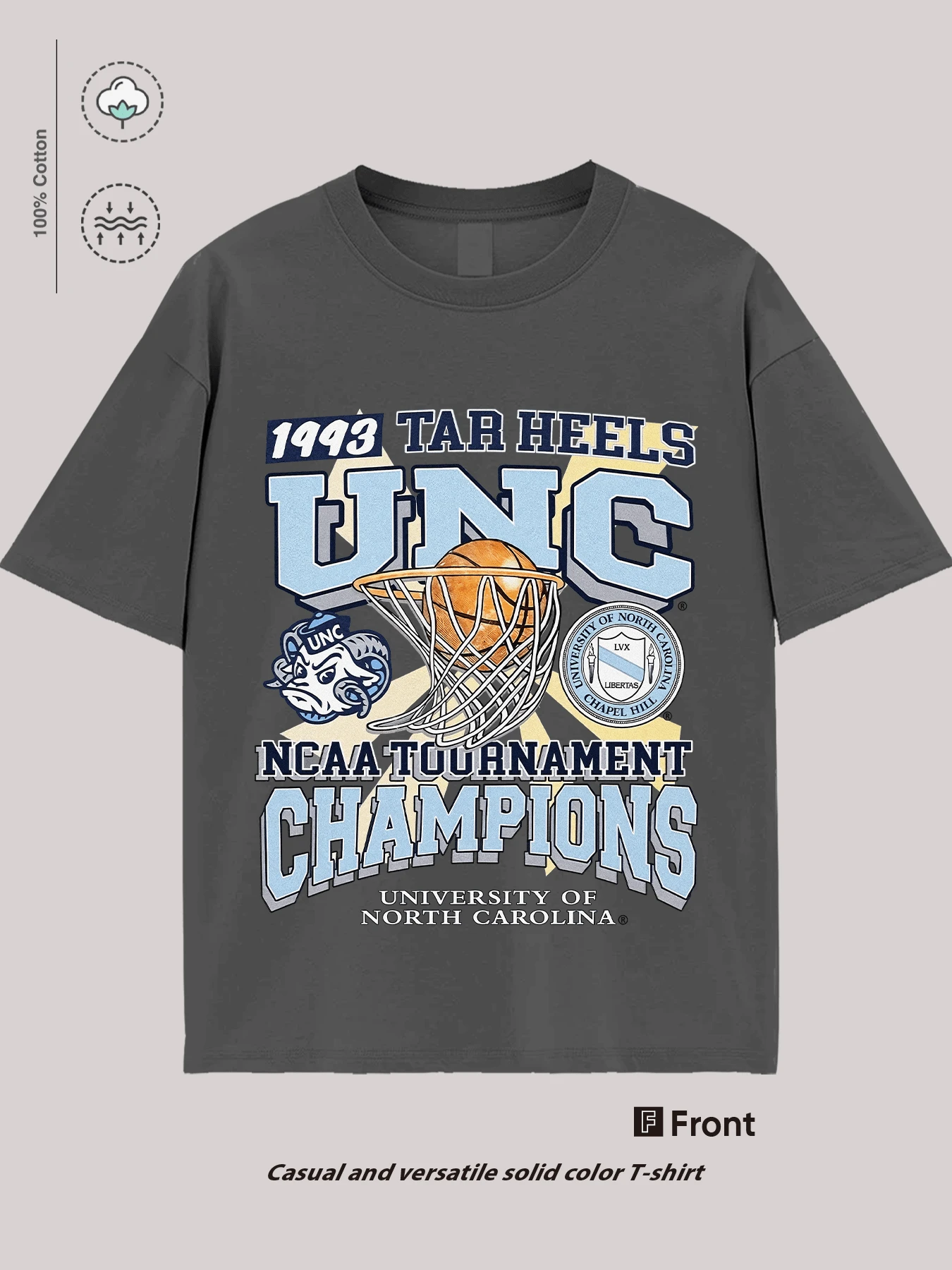 The Mascot Portrait Of The University Of North Carolina Basketball Team, "1993 TAR HEELS," Commemorates The NCAA Tournament, A College Basketball Commemorative Theme T-Shirt, A UNC Rams Mascot Pattern T-Shirt, And A Must-Have Outfit For Sports And Culture Enthusiasts 100% Pure Cotton T-Shirt With Youthful And Fashionable Design. Very Suitable For Casual Wear And Street Style Dressing. They Are Excellent Gifts For Friends And Family.