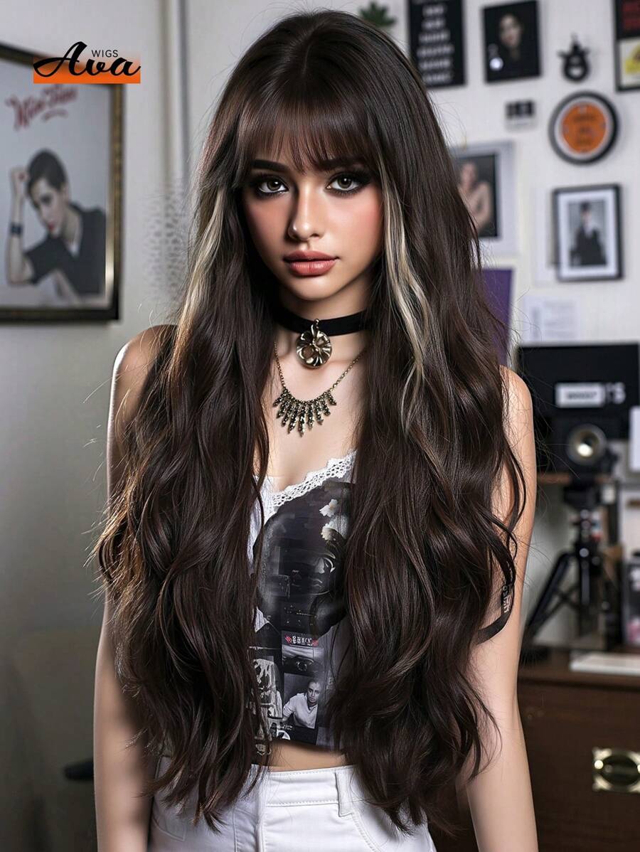Ava WIGS 26 英寸棕色混合金发挑染假发分层假发女士简约优雅合成假发适合角色扮演日常派对音乐节 ﻿ ﻿