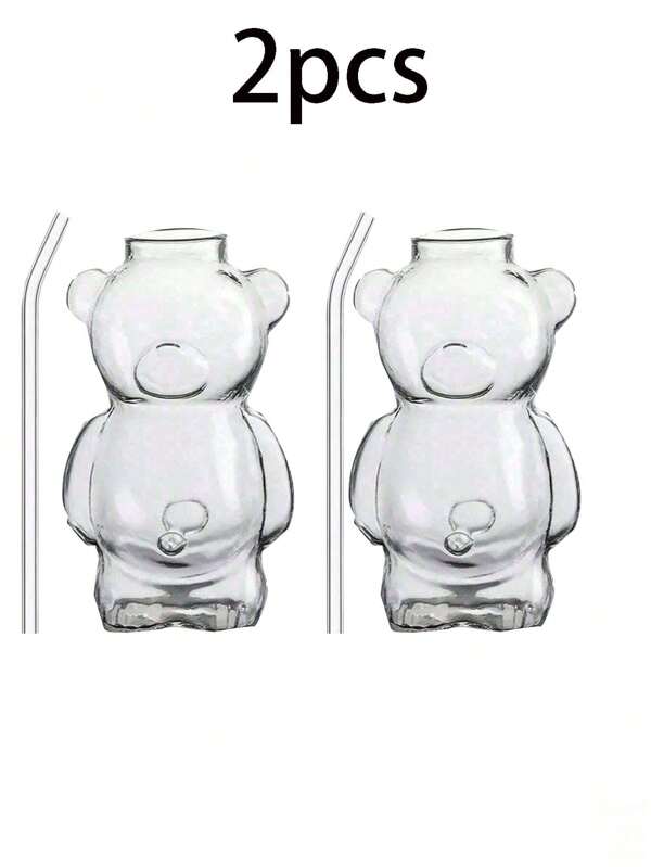2pcs,Creative Glass Bear Sippy Cup, Household High Temperature Water Cup, Popular Restaurant Creative Cartoon Cup Cocktail Cup Juice Tea Cup