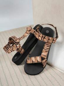 女士时尚印花平底凉鞋，新款夏季厚底钩环露趾休闲沙滩凉鞋，软底舒适透气平底鞋 - 彩色 - 查看 6