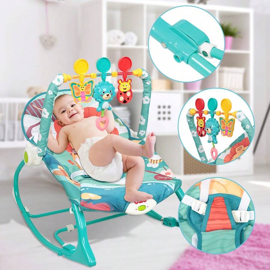 Blau Babywippe mit Spielzeug, Babywippe mit Sicherheitsgurt, Schaukelstuhl für Babys 0-3 Jahre, 80 x 60 x 43 cm