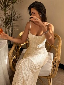 Women's Lace Pattern Bodycon Ruffle Hem Dress - Apricot - View 2