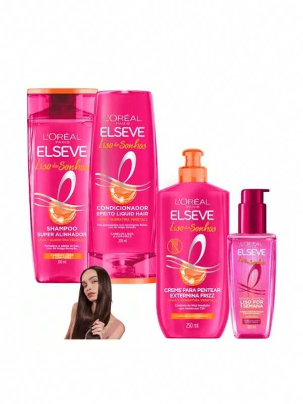 ELSEVE Kit Cuidado Capilar Liso dos Sonhos – Shampoo + Condicionador + Creme de Pentear + Sérum