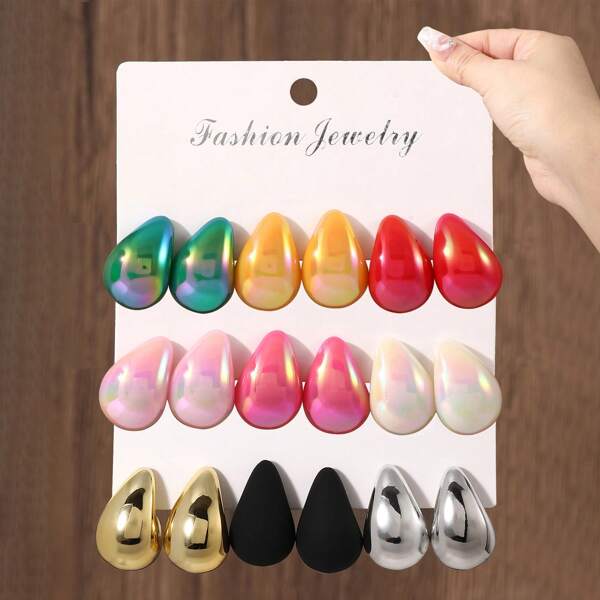 6pcs/12pcs Vintage Style Acrylic Teardrop Earrings Set, Fashion Metallic & Iridescent Shell Transparent AB Finish, Versatile For Daily Wear & Special Occasions