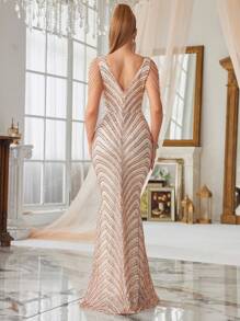 Sequin V-Neck Evening Dress, Women Party Dress, Wedding Guest Dress, Formal Dress, Gown