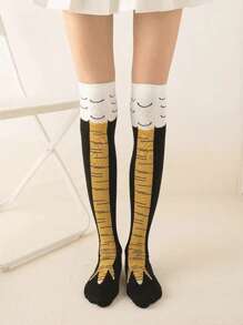 1 Pair Men's Black Slimming Chicken Claw Over-The-Knee Socks, Long Leg Socks With Animal Novelty Design, Cute & Elongating, Size 39-46, Cozy - Black - View 6