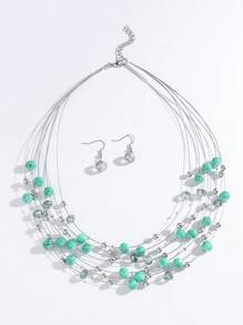 1pc Fashionable Boho Beach Retro Style Multi-Layer Shell Necklace & 1 Pair Crystal Bead Earrings For Women - Colorful - View 7