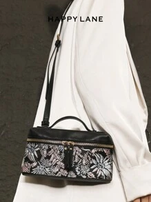 HAPPY LANE 1 geantă de mână de lux, stil vintage, cu broderie florală, fundal negru cu flori rafinate roșii, galbene și albe - elegantă, retro, business casual, geantă cu fermoar frontal și curea de umăr, geantă crossbody perfectă pentru zi cu zi, petreceri și călătorii, ușoară, farmec retro versatil, potrivită pentru femeile care caută eleganță personalizată, potrivită pentru orice ocazie, prezintă un gust vestimentar unic.