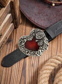 1pc Men/Women Retro Rose & Heart Engraved Buckle Leather Belt, Personalized Casual Waist Belt Suitable For Jeans, Ideal For Teen, Summer, Casual, Outdoor, Athletic, Vacation, Travel, Graduation, Birthday, Daily Wear