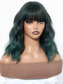 Dark Green Bob Wigs For Women Curly Wavy Wigs With Bangs Short Heat Resistant Synthetic Wigs For Party Costume Daily Wear Colorful Wigs
