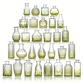 Set de 30 piezas de jarrones de vidrio verde para decoración de patio, centro de mesa, floreros a granel, adecuado para bodas rústicas, decoración de mesa del hogar