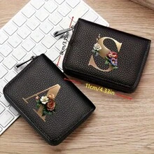 PU皮革字母印花风琴拉链卡包 女士男士钱包卡包零钱包信用卡夹 男士钱包，男士礼物 - 黑色 - 查看 4