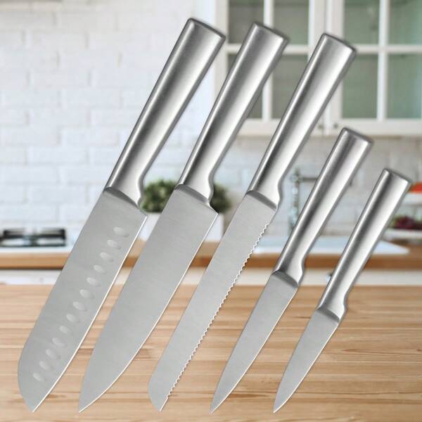 5-Piece Full Steel Round Handle Knife Set, Stainless Steel Chef's Knife, Bread Knife, Multipurpose Knives For Cutting Vegetables, Meat, Fruits & Bread