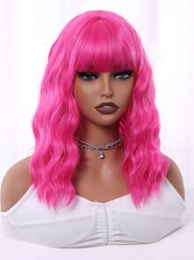 玫瑰粉色假发 14 英寸女士短粉色假发 短波浪热粉色假发带刘海 合成粉色卷发波波头假发 卷发及肩长角色扮演假发 适合女性 女孩彩色假发 非常适合日常佩戴