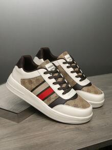 （尺码偏小）男士棕色复古随机印花系带休闲运动鞋，简约条纹撞色户外情侣运动鞋 - 米棕 - 查看 7