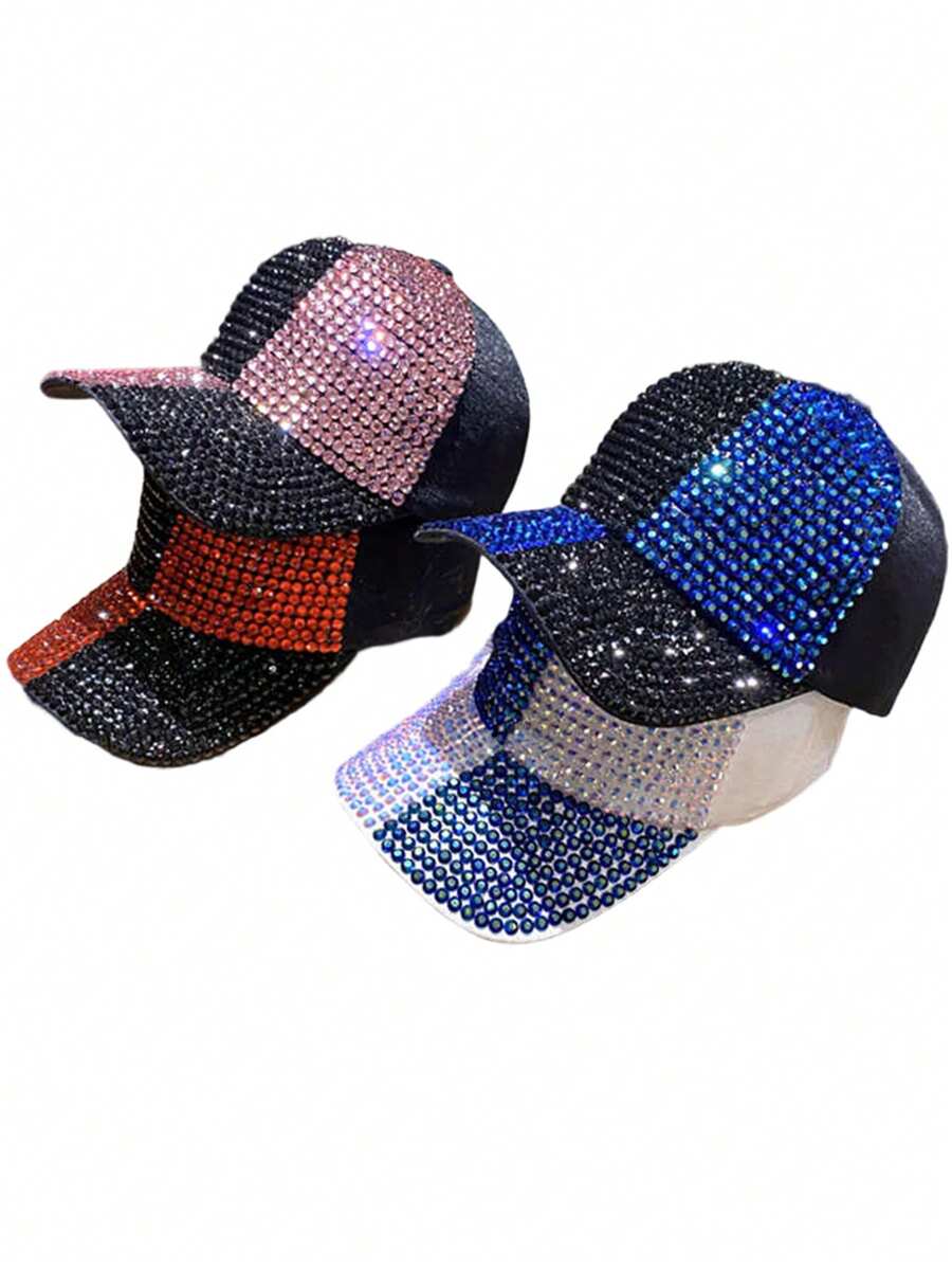 1pc Women's High-Quality Handmade Rhinestone Embellished Fashion Versatile Brimmed Baseball Cap, Suitable For Everyday Wear - A - View 1