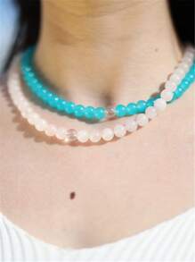 Sweet Cute Summer Simple Sky Blue Beaded Handmade Necklace For Women Girls Fashion Transparent Beaded Choker Necklace - Beaded Necklace - View 9