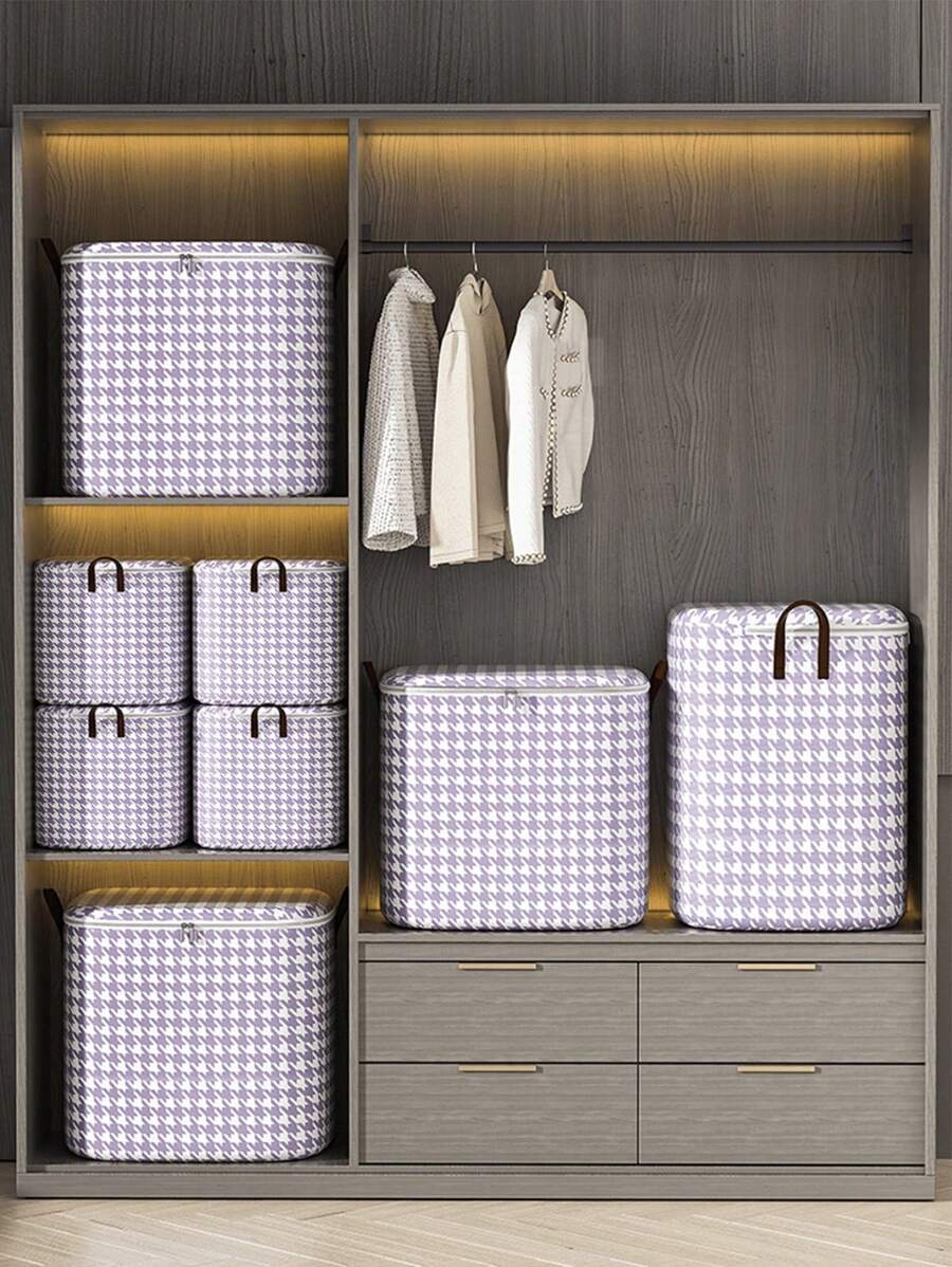 1PC Seasonal Clothing And Bedding Storage Bag, Purple Thousand Bird Grid Large Capacity Storage Bag, Zipper Storage Bag, Toy Storage Bag, Moving Storage Bag, Space Partition Tool, Clothing Partition Storage, Back To School Season Storage Bag, Foldable Storage Bag, Organizing Supplies, Household Storage, Multi Functional Storage Bag, White Women's T-Shirt, Pants, Winter Women's Clothing, Dress, Simple And Fashionable