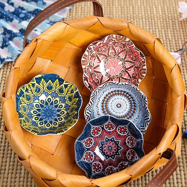 4 قطع أطباق خزفية فنية بوهيمية لتقديم صلصات الغمس - مثالية لصلصة الصويا والسوشي والبهارات - مناسبة للمطابخ المنزلية والمطاعم هدية عيد الميلاد