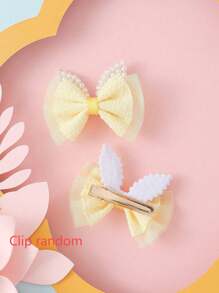2pcs Pearl Ear & Yellow Bow Hair Clips Set, Cute & Sweet Hair Accessories Gift/Adorable Bow Headpiece For Teen - Yellow - View 3