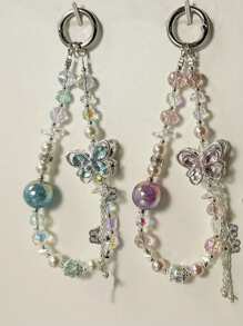 1PC Luxury Glitter Rhinestone Butterfly Tassel Bead Phone Bracelet Strap Charm Chain Knot Cellphone Lanyard Keychain Bag Camera Keychain Girl Gift