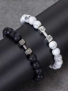 2pcs Dumbbell Bracelet Set Men Matte Black Lave White Beads Charm Dumbbell Strand Bracelets Women Barbell Fitness Jewelry
