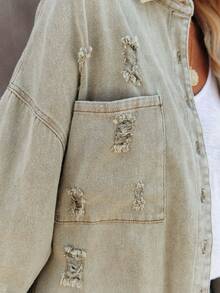 Women's Summer Denim Jacket, Casual Long Sleeve Button Front Dropped Shoulder Jacket, Autumn Versatile Pocket Distressed Hem Denim Jacket - Green - View 3