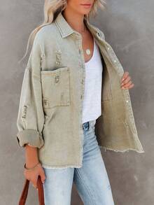 Women's Summer Denim Jacket, Casual Long Sleeve Button Front Dropped Shoulder Jacket, Autumn Versatile Pocket Distressed Hem Denim Jacket - Green - View 4