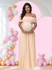 JustVH Maternity Off-Shoulder Party Dress Pleated Hem Women Baby Shower Maxi Gown