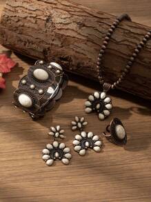 4 Pcs/Set Women's Vintage Bohemian Turquoise & Bronze-Color Necklace, Earrings, Ring, Bracelet Set, Suitable For Outfits, Daily & Holiday Wear