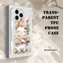 1pc Transparent TPU Soft Phone Case With Cute Rabbit & Flower Basket Design, Shockproof Protective Cover Compatible With IPhone16 Pro Max/16/15/14/13/12/12/11, High-End Fashion Design, Great For Easter Gifts To Friends And Family, Also Fits S25/S/24S24/S23/S22 Series