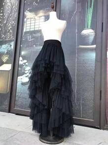 1pc Layered Ruffle Front Short Back Long Runway Trailing Princess Beach Photo Shoot Tulle Puff Skirt Slip