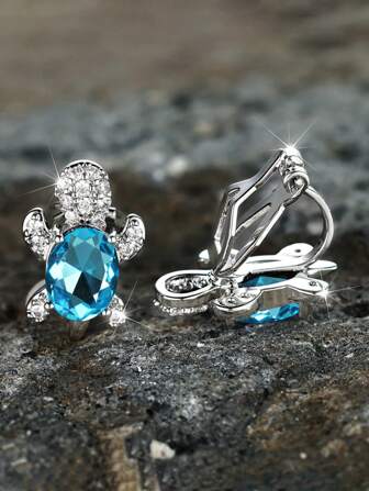 1 对时尚椭圆形白龟石夹式耳环，无需穿孔，银色迷人女士婚礼珠宝