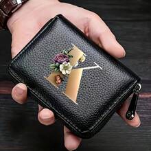 PU皮革字母印花风琴拉链卡包 女士男士钱包卡包零钱包信用卡夹 男士钱包，男士礼物 - 黑色 - 查看 36