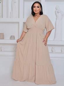 Plus Size Long Dress V Neck Short Sleeve - Nude - View 1