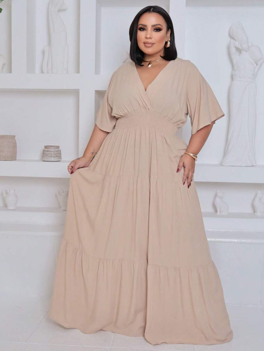 Plus Size Long Dress V Neck Short Sleeve - Nude - View 1