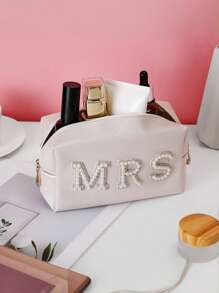 1pc,New Portable Faux Pearl Alphabet Cosmetic Bag, Fashion, Highly Attractive, Makeup Storage Bag, Pu Material, Waterproof, Breathable, Antibacterial, Good Gift. Travel Storage Organizer