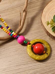 New Wooden Beads & Woven Coconut Shell Long Sweater Chain Necklace, Handmade Bohemian Versatile Accessory - Multicolor - View 5